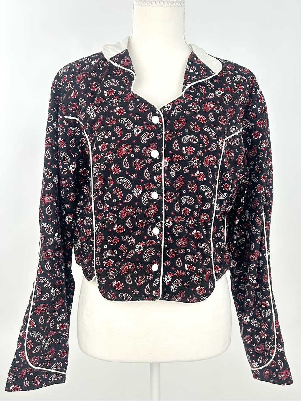 Vintage Wrangler Western Wear Paisley Pearl Snap Cropped Jacket Top L Est USA